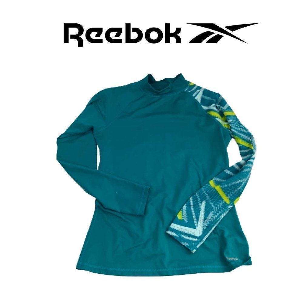 Reebok Yoga Top Long Sleeve Blue Teal Graphic Arm Women’s Size M